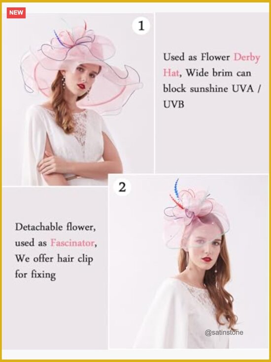 Removable Flower Organza Wide Brim Church Derby Hat Fascinator main image 7